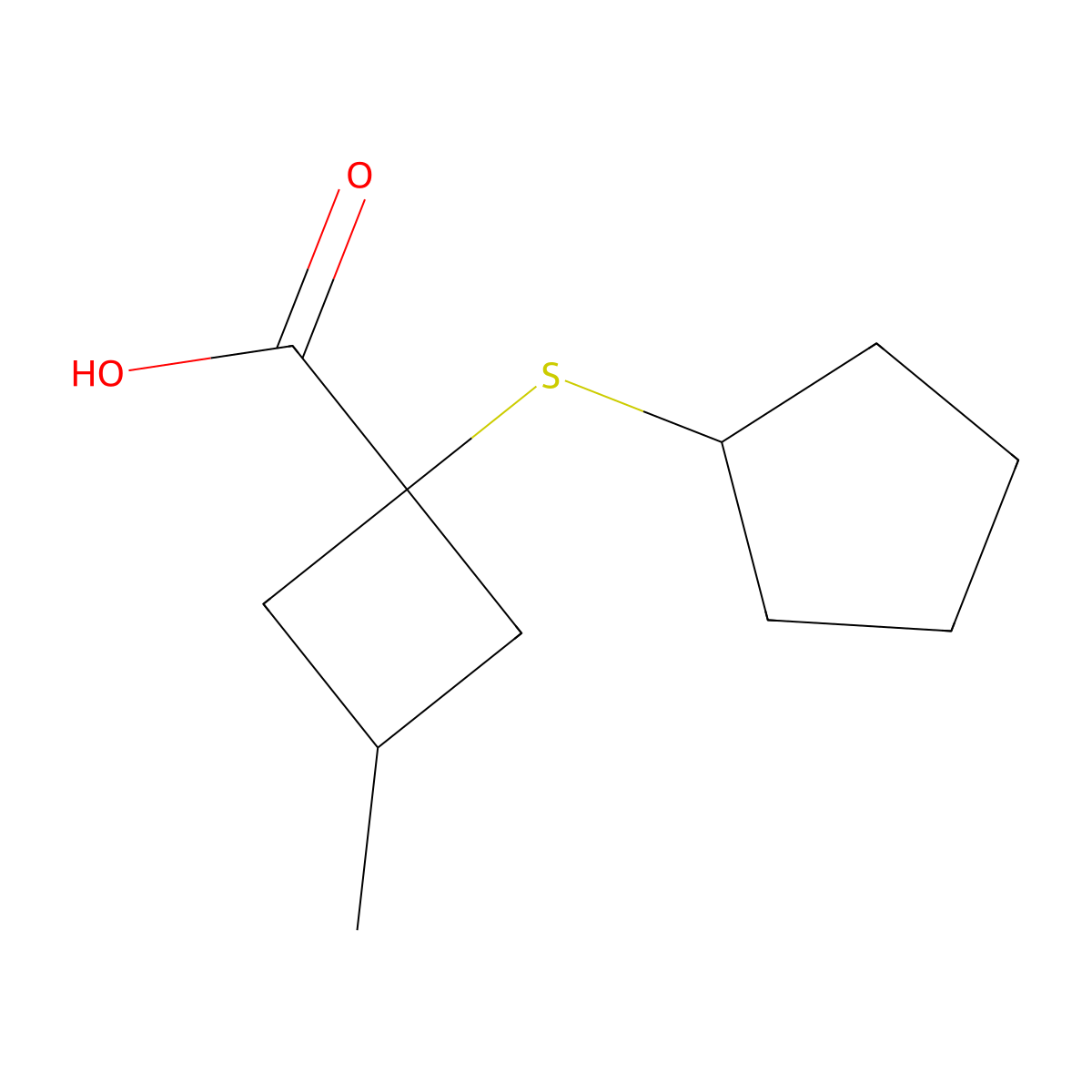 1-(Cyclopentylsulfanyl)-3-methylcyclobutane-1-carboxylic acid molecular structure, CAS 1496446-66-2