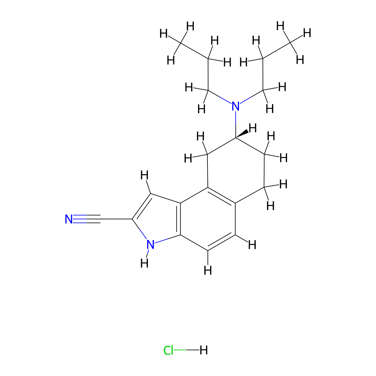 3H-Benz(e)indole-2-carbonitrile, 8-(dipropylamino)-6,7,8,9-tetrahydro-, hydrochloride (1:1), (8R)- molecular structure, CAS 149654-41-1