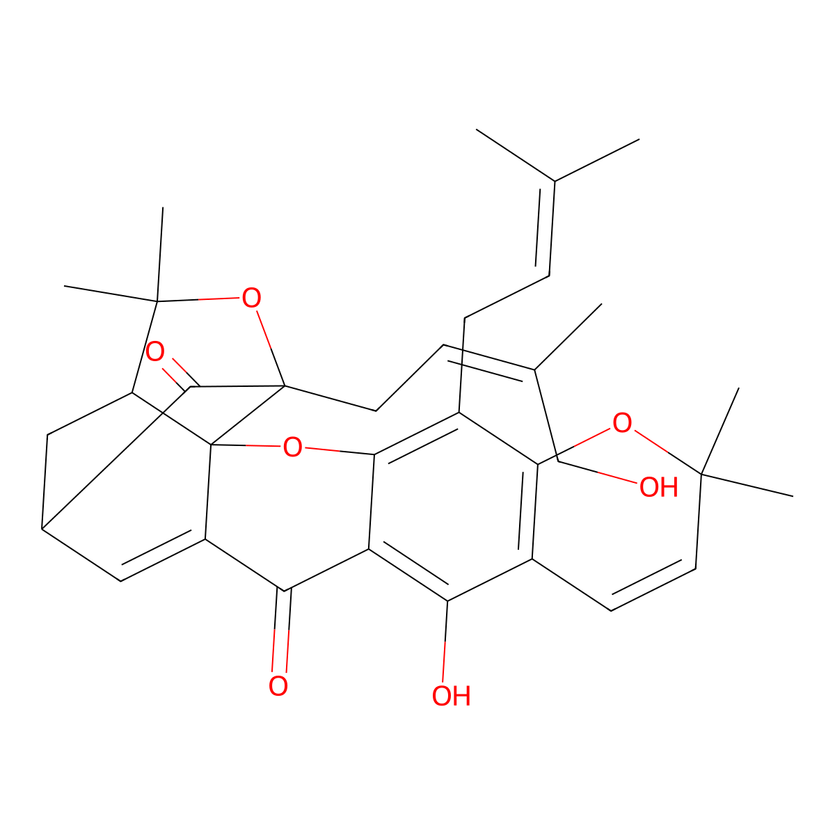 12-Hydroxy-19-(4-hydroxy-3-methylbut-2-enyl)-8,8,21,21-tetramethyl-5-(3-methylbut-2-enyl)-3,7,20-trioxahexacyclo[15.4.1.02,15.02,19.04,13.06,11]docosa-4(13),5,9,11,15-pentaene-14,18-dione molecular structure, CAS 149655-53-8