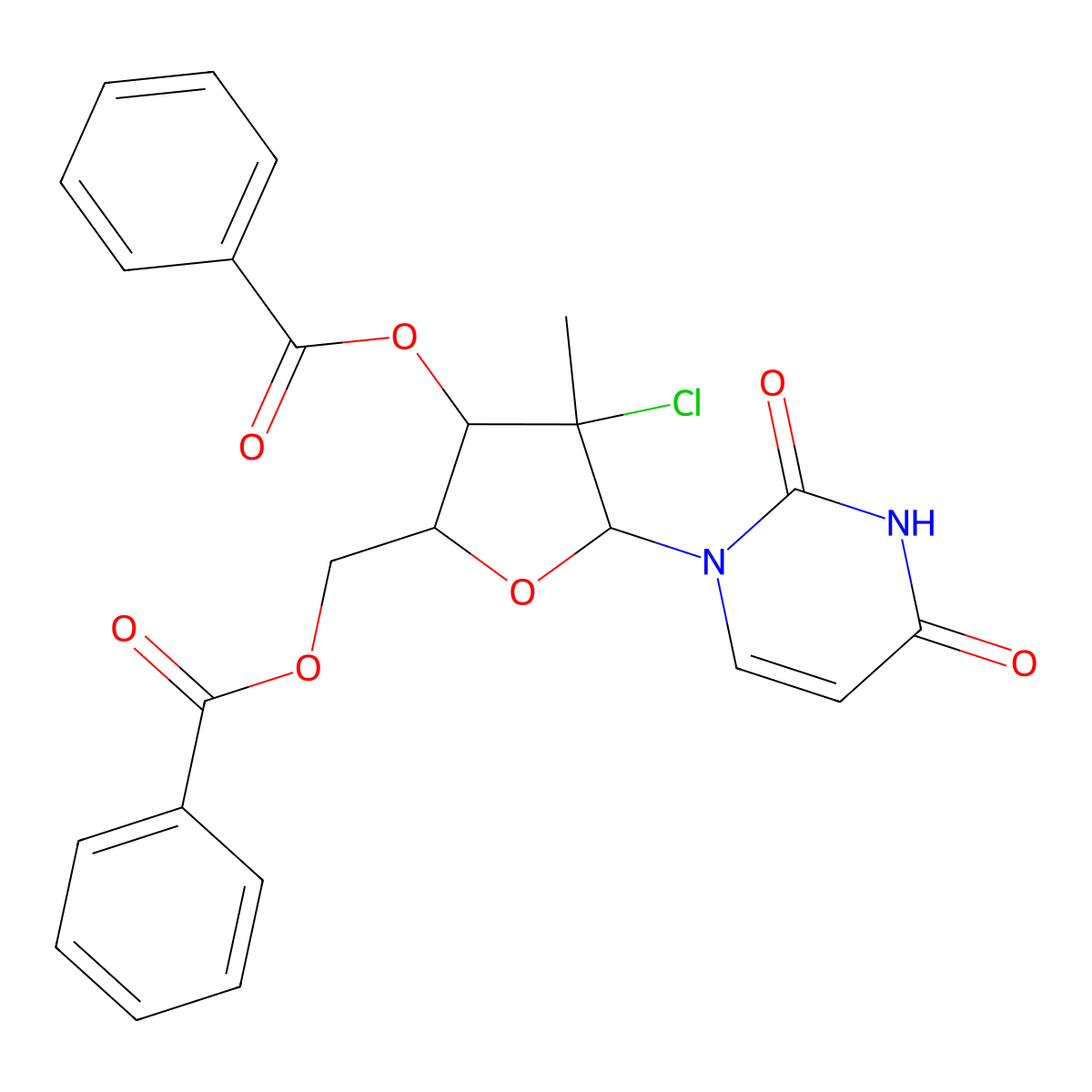 ((2R,3R,4R,5R)-3-(benzoyloxy)-4-chloro-5-(2,4-dioxo-3,4-dihydropyrimidin-1(2H)-yl)-4-methyltetrahydrofuran-2-yl)methyl benzoate molecular structure, CAS 1496551-71-3