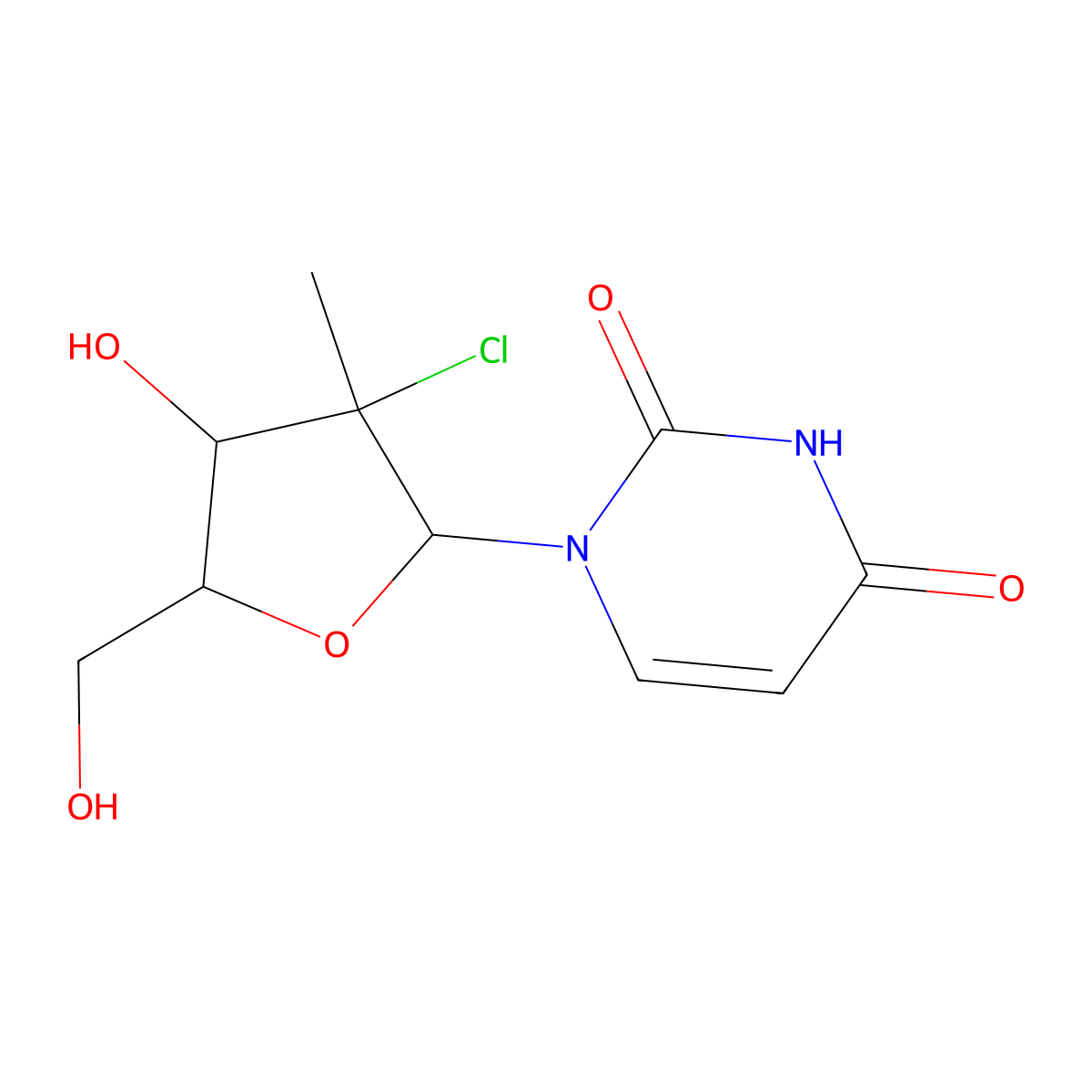 1-((2R,3R,4R,5R)-3-chloro-4-hydroxy-5-(hydroxymethyl)-3-methyltetrahydrofuran-2-yl)pyrimidine-2,4(1H,3H)-dione molecular structure, CAS 1496551-72-4