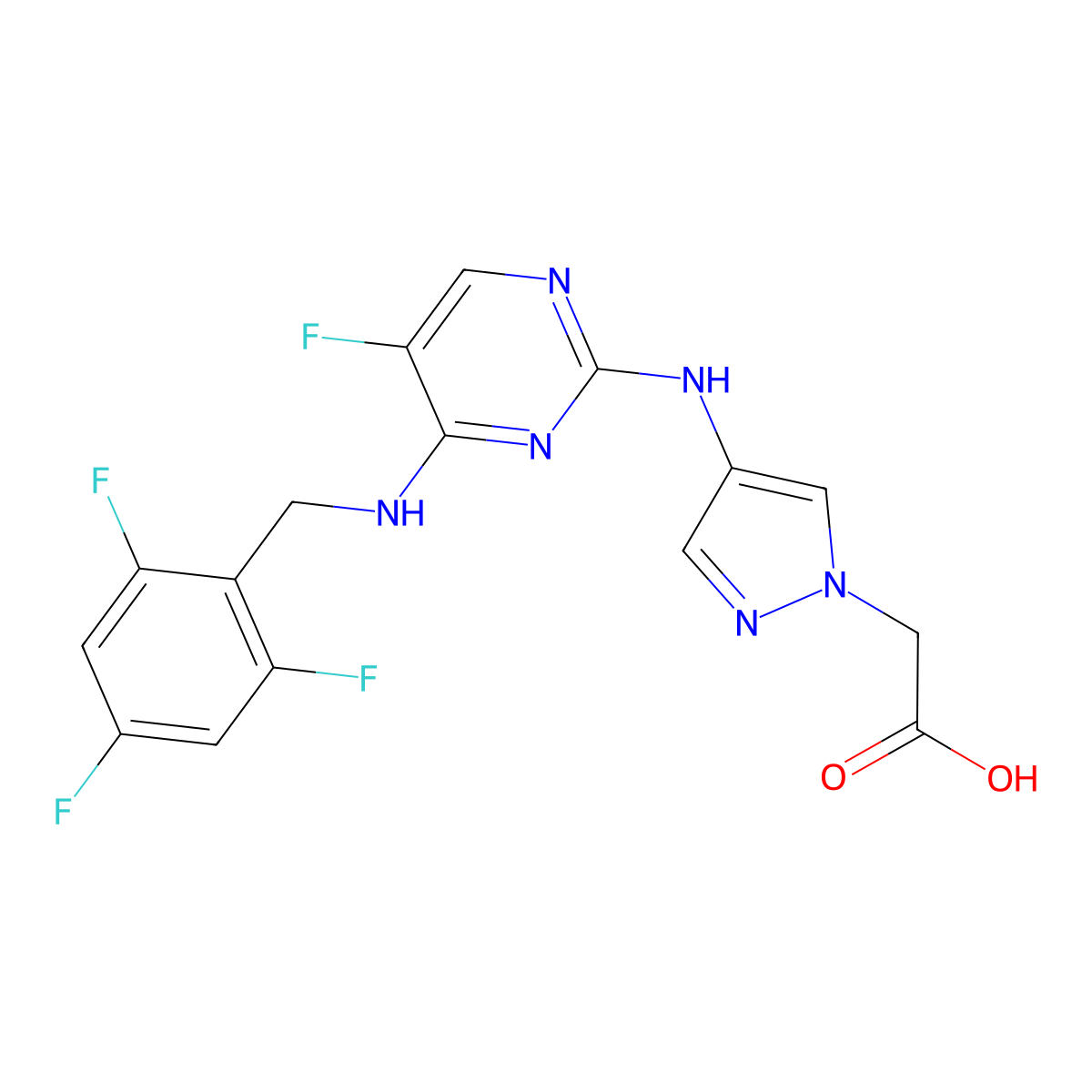 2-{4-[(5-fluoro-4-{[(2,4,6-trifluorophenyl)methyl]imino}-1,4-dihydropyrimidin-2-yl)amino]-1H-pyrazol-1-yl}acetic acid molecular structure, CAS 1497203-41-4