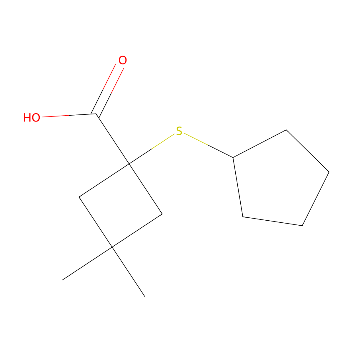 1-(Cyclopentylsulfanyl)-3,3-dimethylcyclobutane-1-carboxylic acid molecular structure, CAS 1497383-16-0