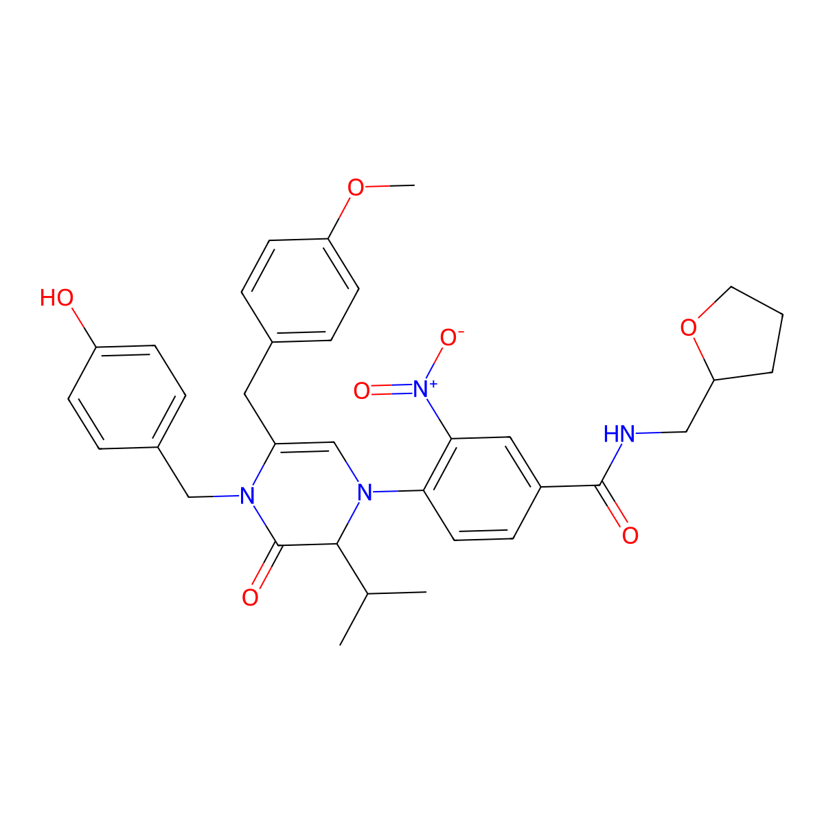 4-[(2R)-4-[(4-hydroxyphenyl)methyl]-5-[(4-methoxyphenyl)methyl]-3-oxo-2-propan-2-yl-2H-pyrazin-1-yl]-3-nitro-N-[[(2S)-oxolan-2-yl]methyl]benzamide molecular structure, CAS 1497415-41-4