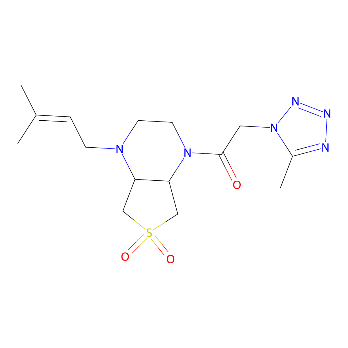 1-[(4Ar,7aS)-1-(3-methylbut-2-enyl)-6,6-dioxo-2,3,4a,5,7,7a-hexahydrothieno[3,4-b]pyrazin-4-yl]-2-(5-methyltetrazol-1-yl)ethanone molecular structure, CAS 1497590-00-7