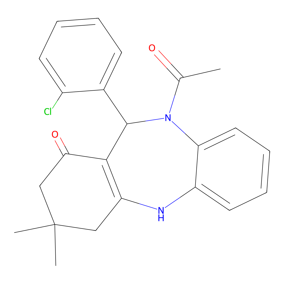 10-Acetyl-11-(2-chlorophenyl)-3,3-dimethyl-2,3,4,5,10,11-hexahydro-1H-dibenzo[b,E][1,4]diazepin-1-one molecular structure, CAS 149774-79-8