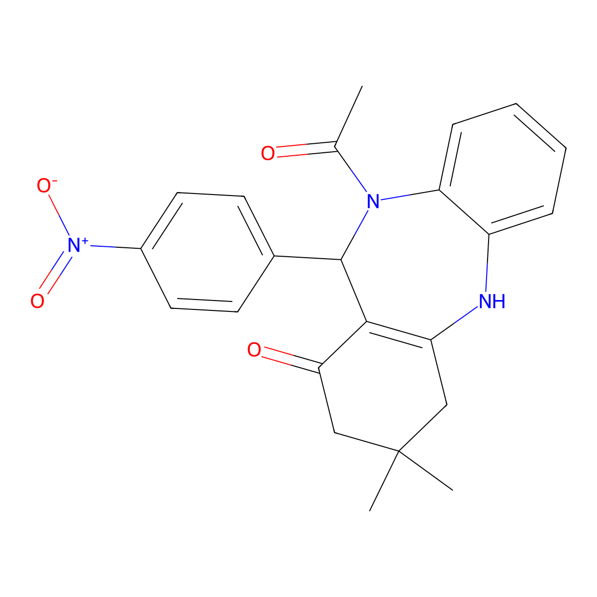 5-Acetyl-9,9-dimethyl-6-(4-nitrophenyl)-6,8,10,11-tetrahydrobenzo[b][1,4]benzodiazepin-7-one molecular structure, CAS 149774-83-4