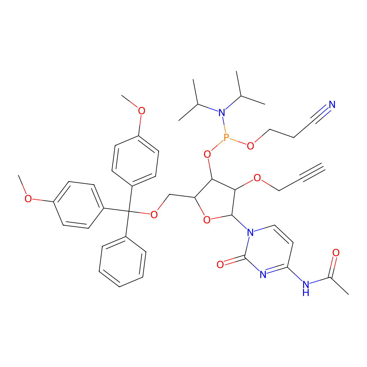 (2R,3R,4R,5R)-5-(4-Acetamido-2-oxopyrimidin-1(2H)-yl)-2-((bis(4-methoxyphenyl)(phenyl)methoxy)methyl)-4-(prop-2-yn-1-yloxy)tetrahydrofuran-3-yl (2-cyanoethyl) diisopropylphosphoramidite molecular structure, CAS 1498305-51-3