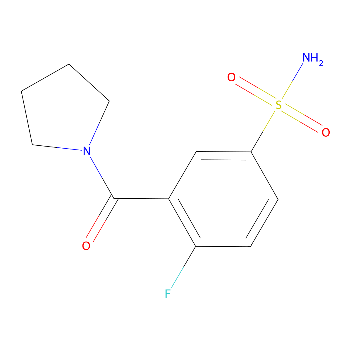 4-Fluoro-3-(pyrrolidine-1-carbonyl)benzene-1-sulfonamide molecular structure, CAS 1498368-16-3