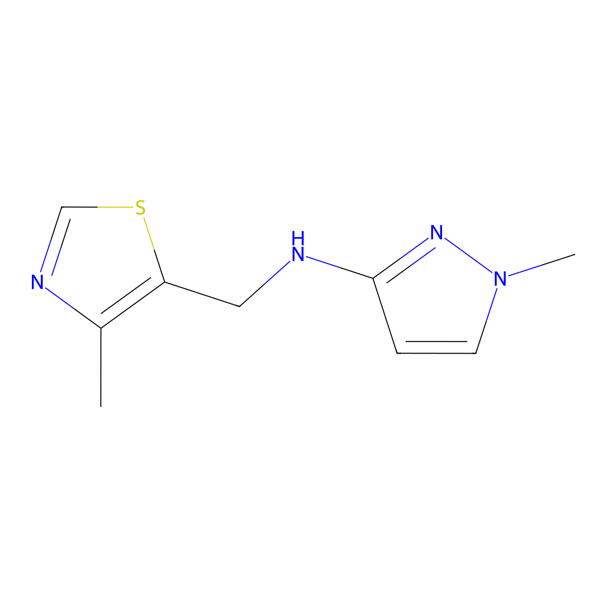 1-methyl-N-[(4-methyl-1,3-thiazol-5-yl)methyl]-1H-pyrazol-3-amine molecular structure, CAS 1498639-21-6
