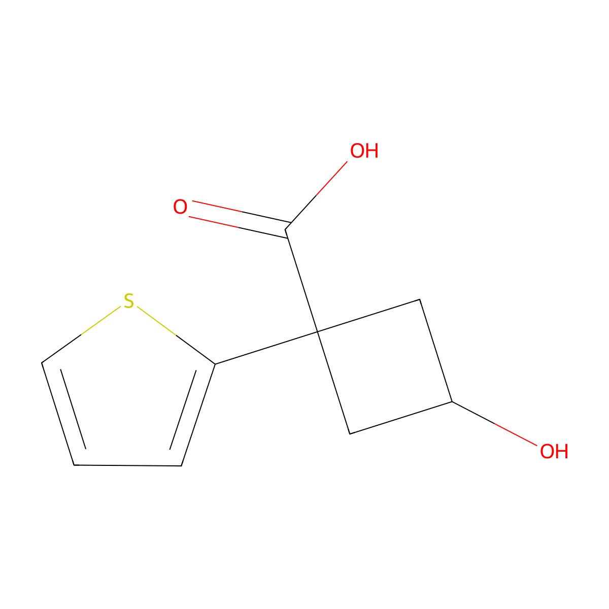 3-Hydroxy-1-(thiophen-2-yl)cyclobutane-1-carboxylic acid molecular structure, CAS 1498757-57-5