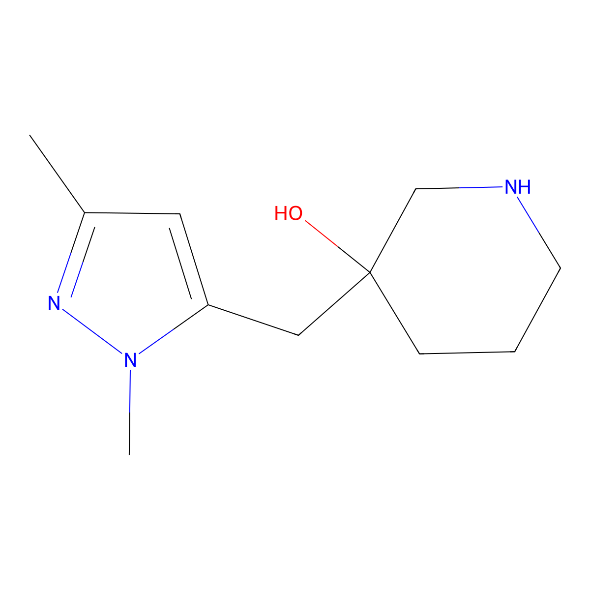 3-((1,3-Dimethyl-1h-pyrazol-5-yl)methyl)piperidin-3-ol molecular structure, CAS 1498840-68-8