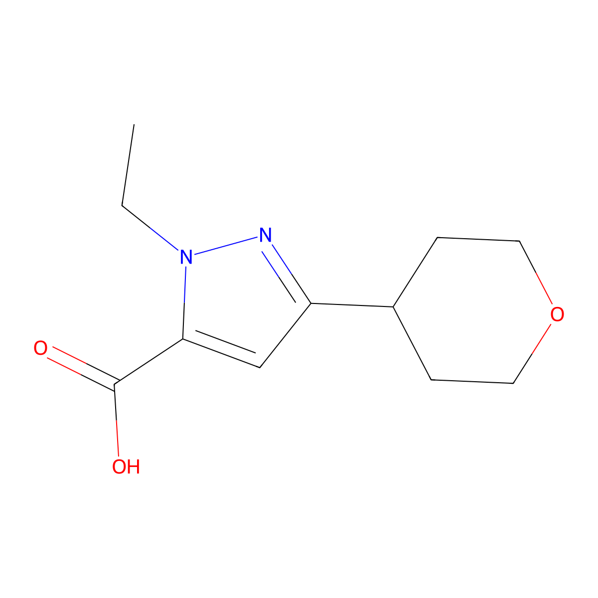 1-Ethyl-3-(oxan-4-yl)-1H-pyrazole-5-carboxylic acid molecular structure, CAS 1498975-93-1