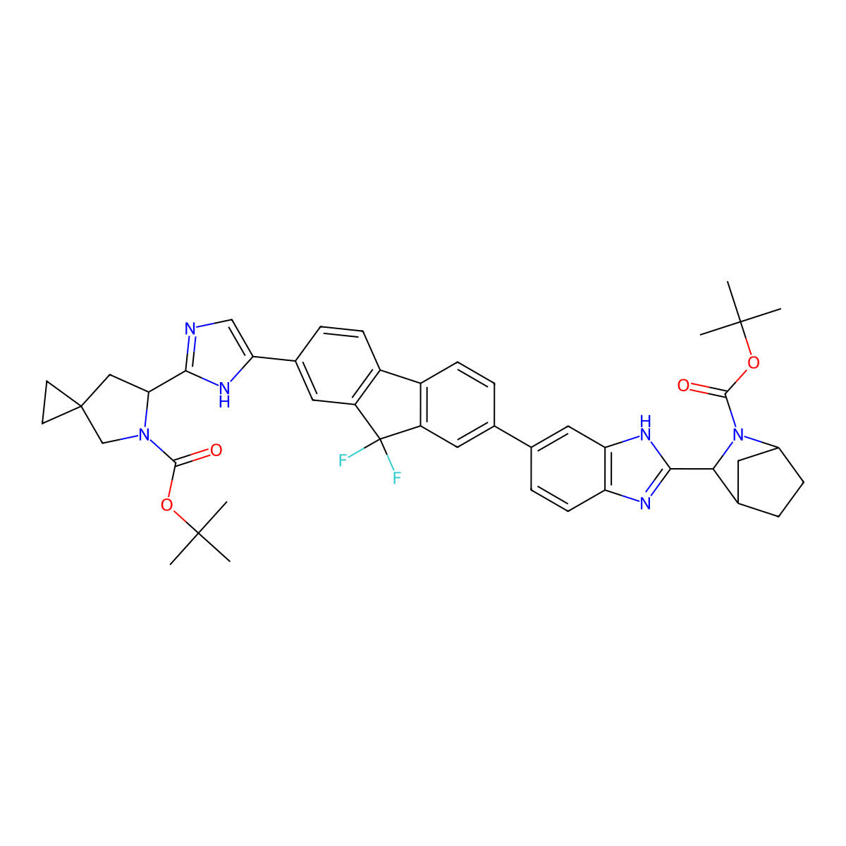 (1R,3S,4S)-tert-butyl 3-(6-(7-(2-((S)-5-(tert-butoxycarbonyl)-5-azaspiro[2.4]heptan-6-yl)-1H-iMidazol-5-yl)-9,9-difluoro-9H-fluoren-2-yl)-1H-benzo[d]iMidazol-2-yl)-2-azabicyclo[2.2.1]heptane-2-carboxylate molecular structure, CAS 1499193-65-5