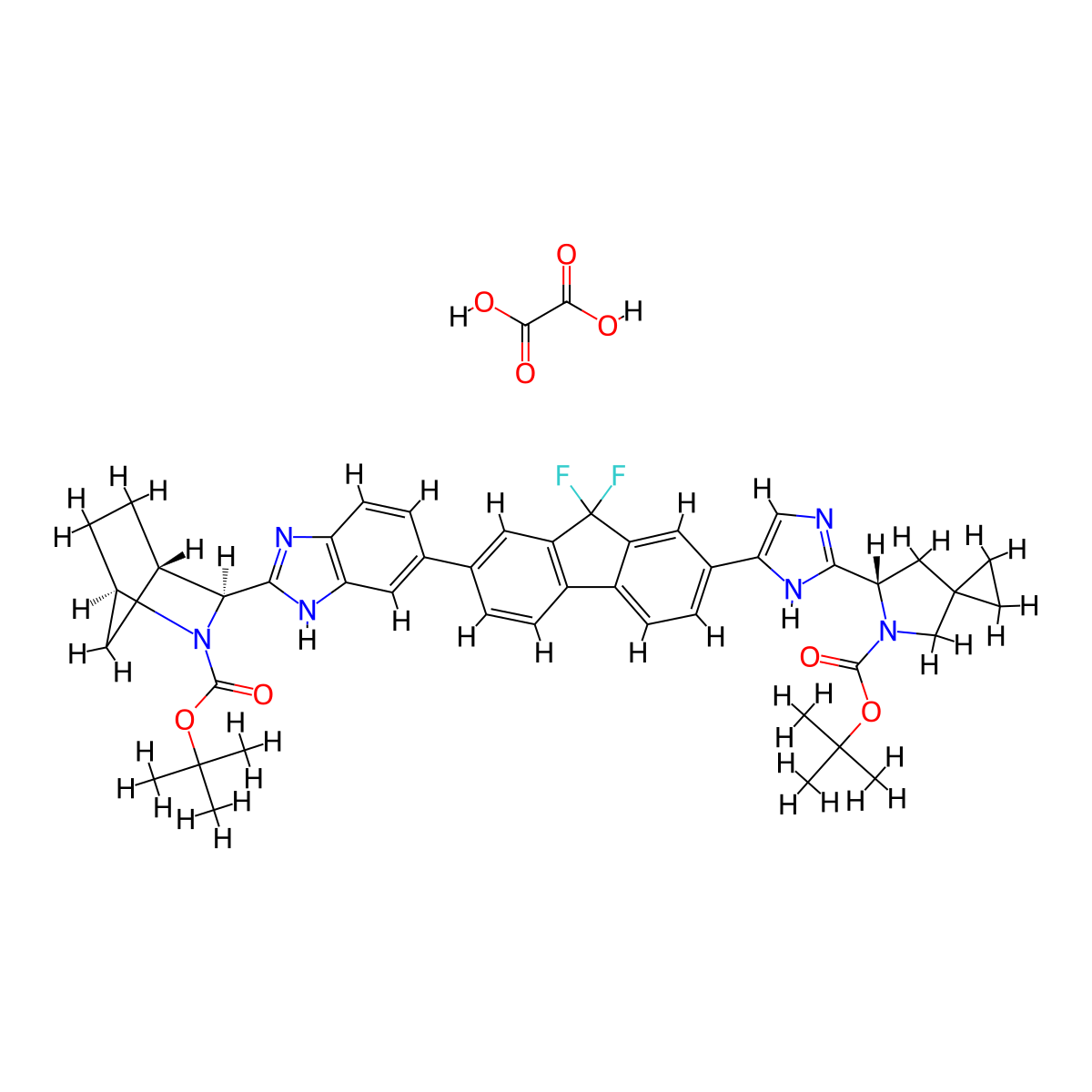 tert-butyl (1R,3S,4S)-3-(6-(7-(2-((S)-5-(tert-butoxycarbonyl)-5-azaspiro[2.4]heptan-6-yl)-1H-imidazol-5-yl)-9,9-difluoro-9H-fluoren-2-yl)-1H-benzo[d]imidazol-2-yl)-2-azabicyclo[2.2.1]heptane-2-carboxylate oxalate molecular structure, CAS 1499193-66-6