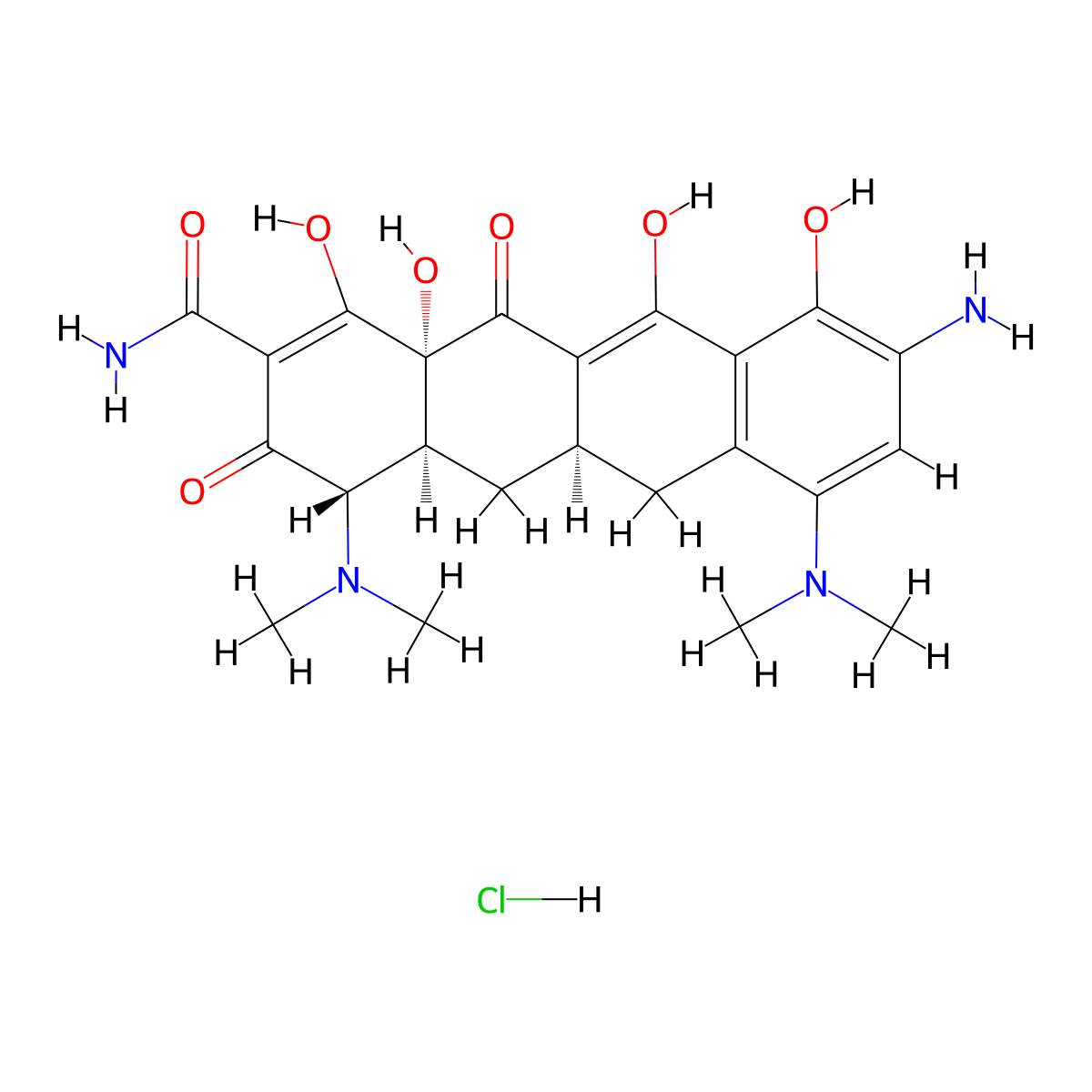 (4S,4aS,5aR,12aS)-9-Amino-4,7-bis(dimethylamino)-3,10,12,12a-tetrahydroxy-1,11-dioxo-1,4,4a,5,5a,6,11,12a-octahydrotetracene-2-carboxamide hydrochloride molecular structure, CAS 149934-21-4