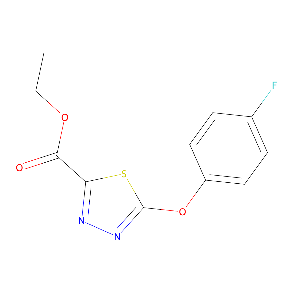 Ethyl 5-(4-fluorophenoxy)-1,3,4-thiadiazole-2-carboxylate molecular structure, CAS 1499368-76-1