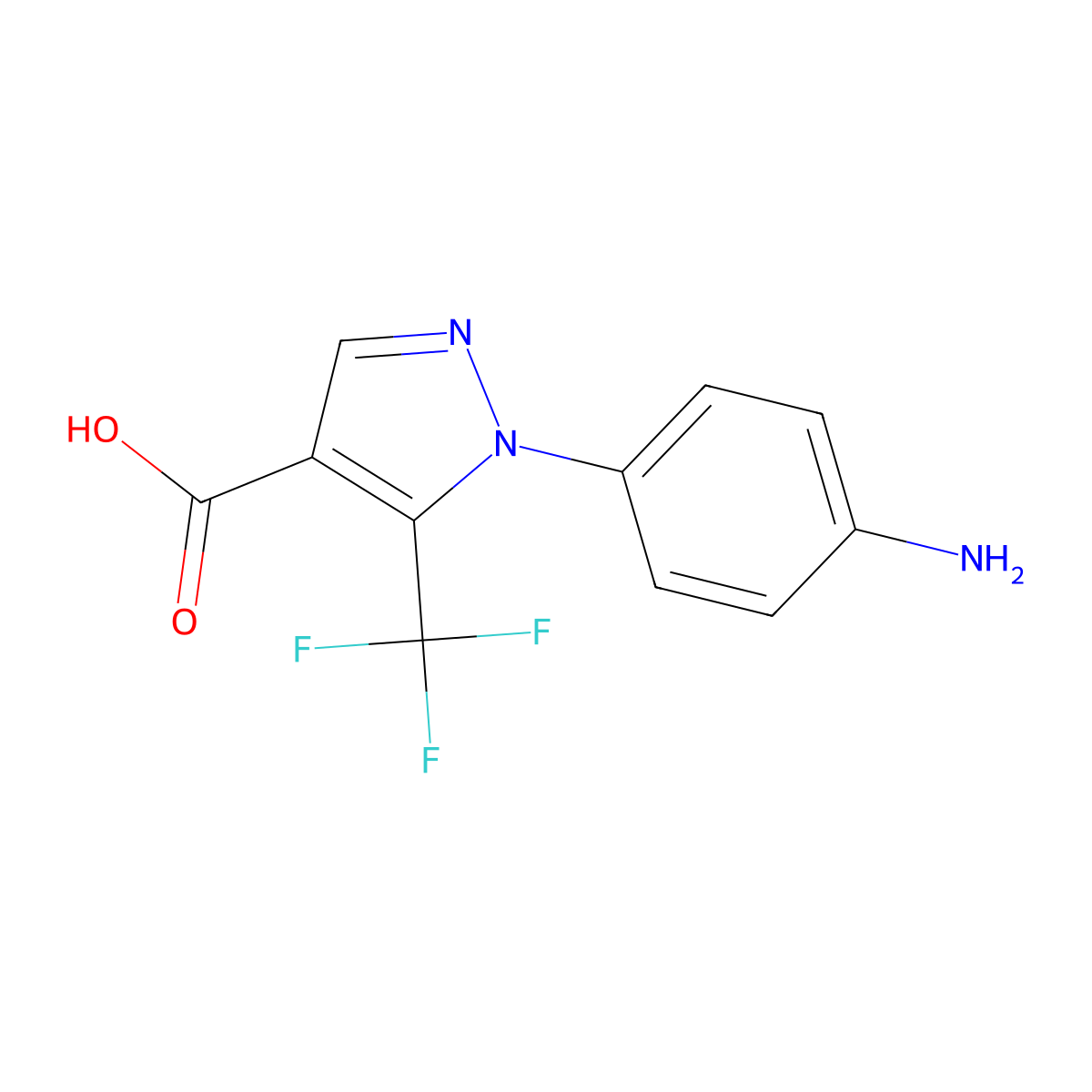 1-(4-aminophenyl)-5-(trifluoromethyl)-1H-pyrazole-4-carboxylic acid molecular structure, CAS 1499742-57-2