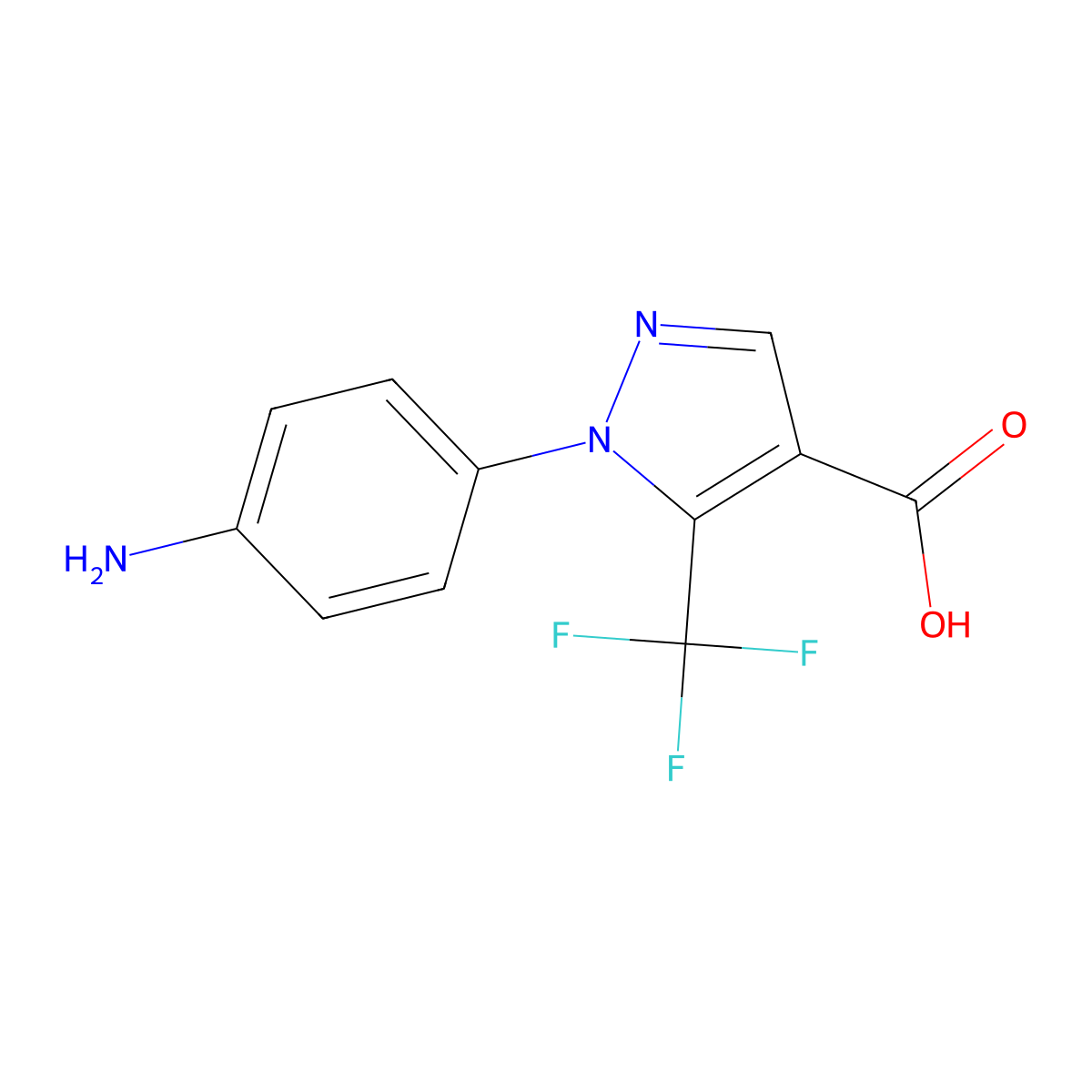 1-(4-aminophenyl)-5-(trifluoromethyl)-1H-pyrazole-4-carboxylic acid molecular structure, CAS 1499742-57-2