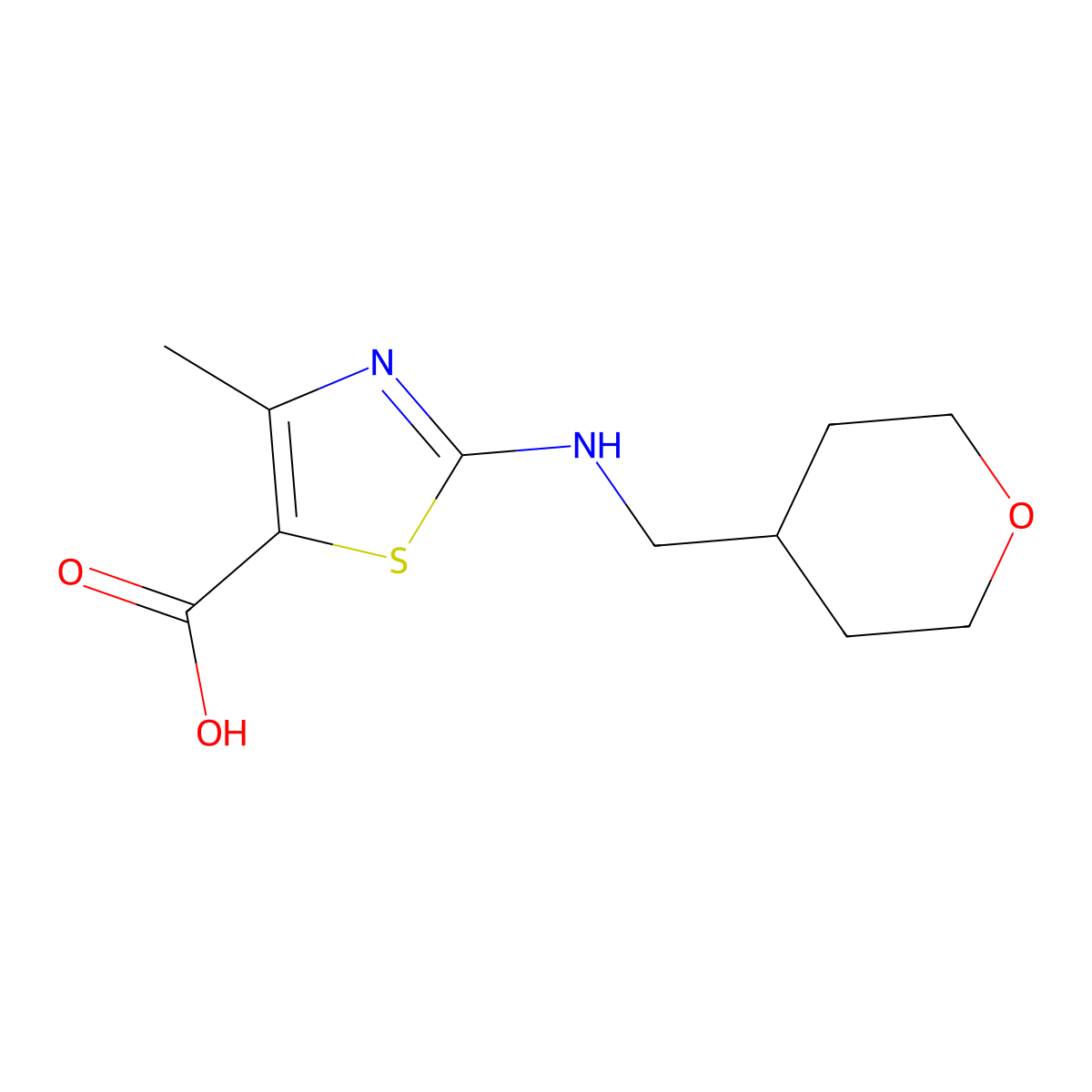 4-methyl-2-(((tetrahydro-2H-pyran-4-yl)methyl)amino)thiazole-5-carboxylic acid molecular structure, CAS 1499791-56-8