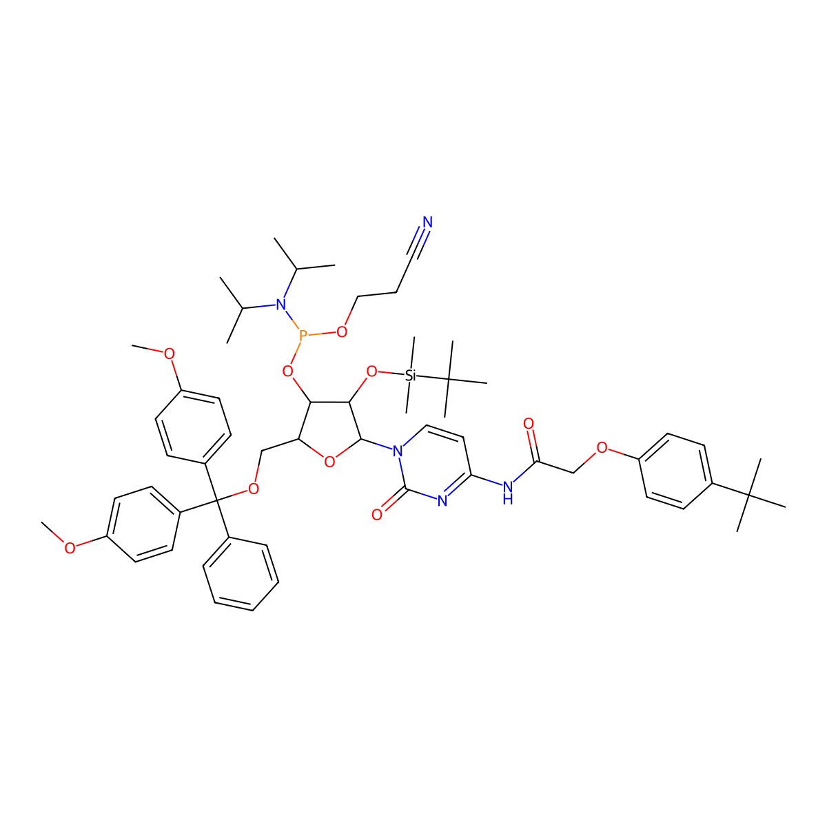 5'-o-(4,4-Dimethoxytrityl)-2'-o-[(tert-butyl)dimethylsilyl]-N-[[4-(tert-butyl)phenoxy]acetyl]cytidine-3'-(2-cyanoethyl-N,N-diisopropyl)phosphoramidite molecular structure, CAS 149989-66-2