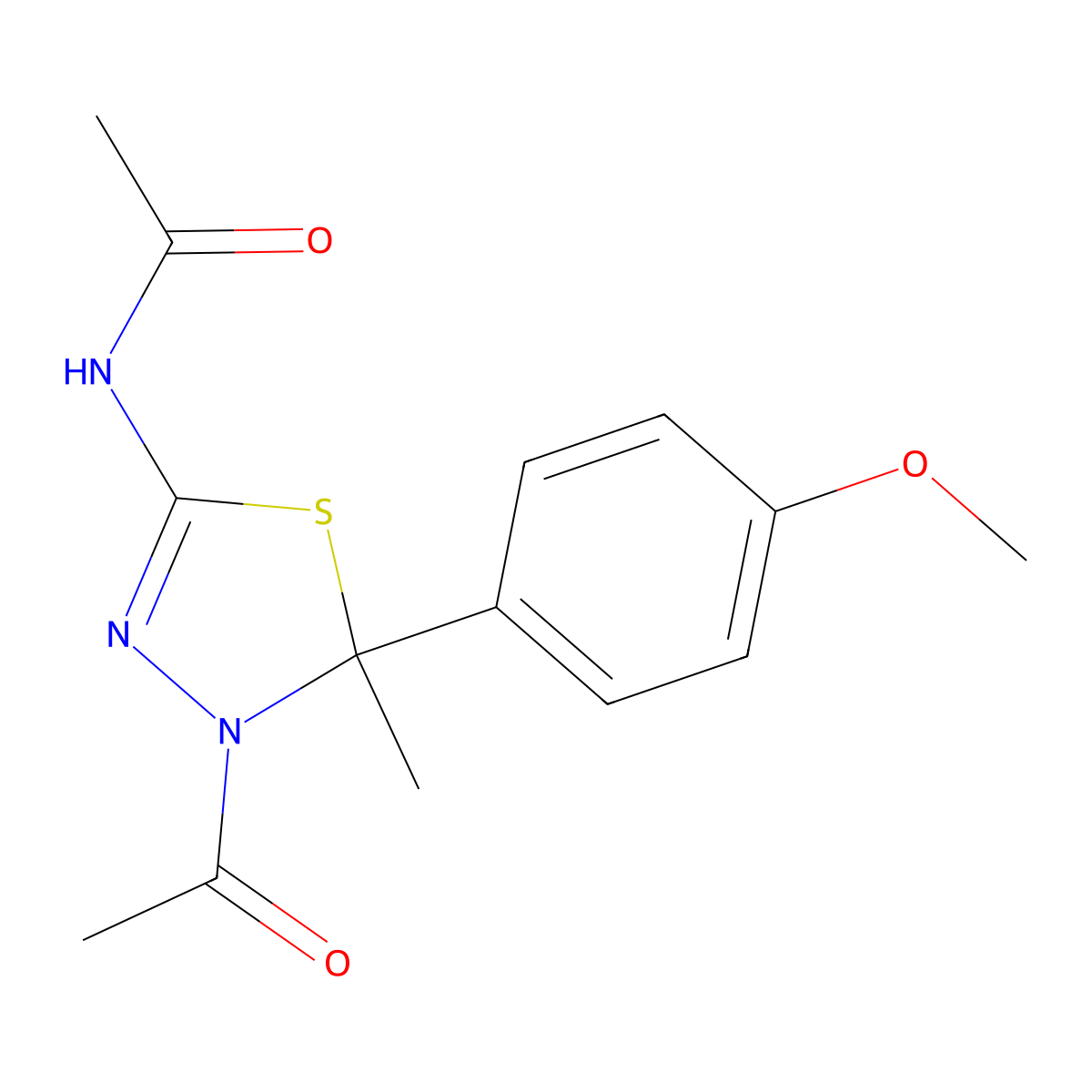 N-(4-Acetyl-5-(4-methoxyphenyl)-5-methyl-4,5-dihydro-1,3,4-thiadiazol-2-yl)acetamide molecular structure, CAS 150007-08-2