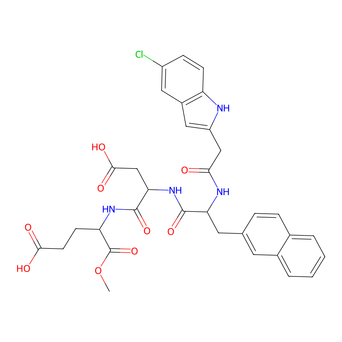 (S)-4-((S)-3-Carboxy-2-((S)-2-(2-(5-chloro-1H-indol-2-yl)acetamido)-3-(naphthalen-2-yl)propanamido)propanamido)-5-methoxy-5-oxopentanoic acid molecular structure, CAS 1500080-17-0