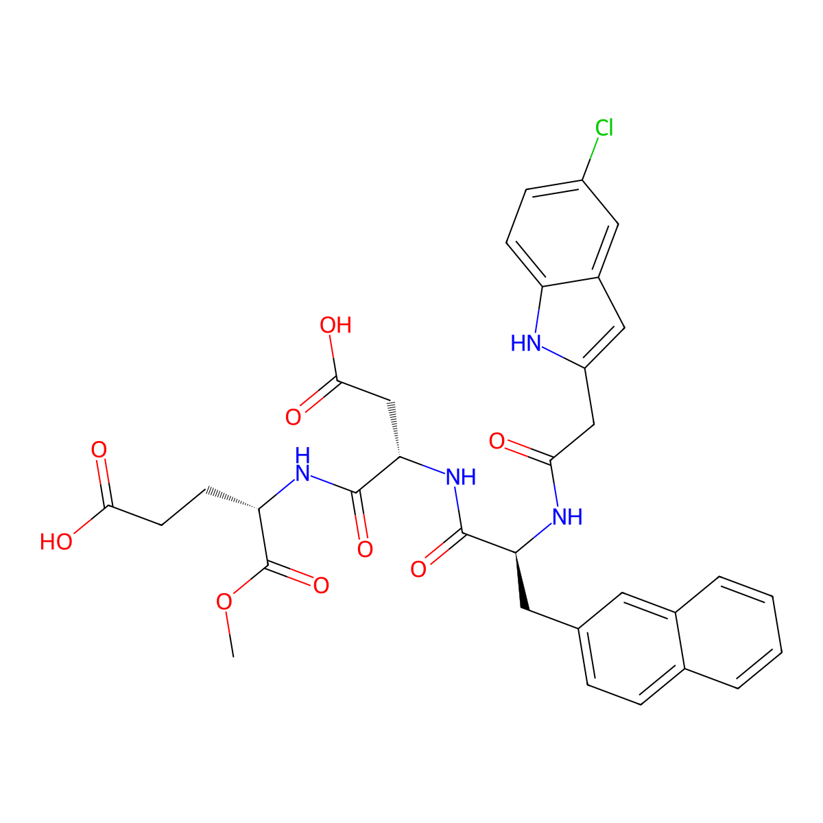 (S)-4-((S)-3-Carboxy-2-((S)-2-(2-(5-chloro-1H-indol-2-yl)acetamido)-3-(naphthalen-2-yl)propanamido)propanamido)-5-methoxy-5-oxopentanoic acid molecular structure, CAS 1500080-17-0