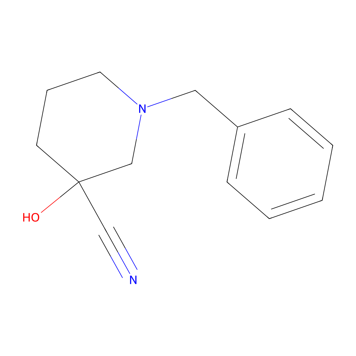 1-Benzyl-3-hydroxypiperidine-3-carbonitrile molecular structure, CAS 150018-99-8