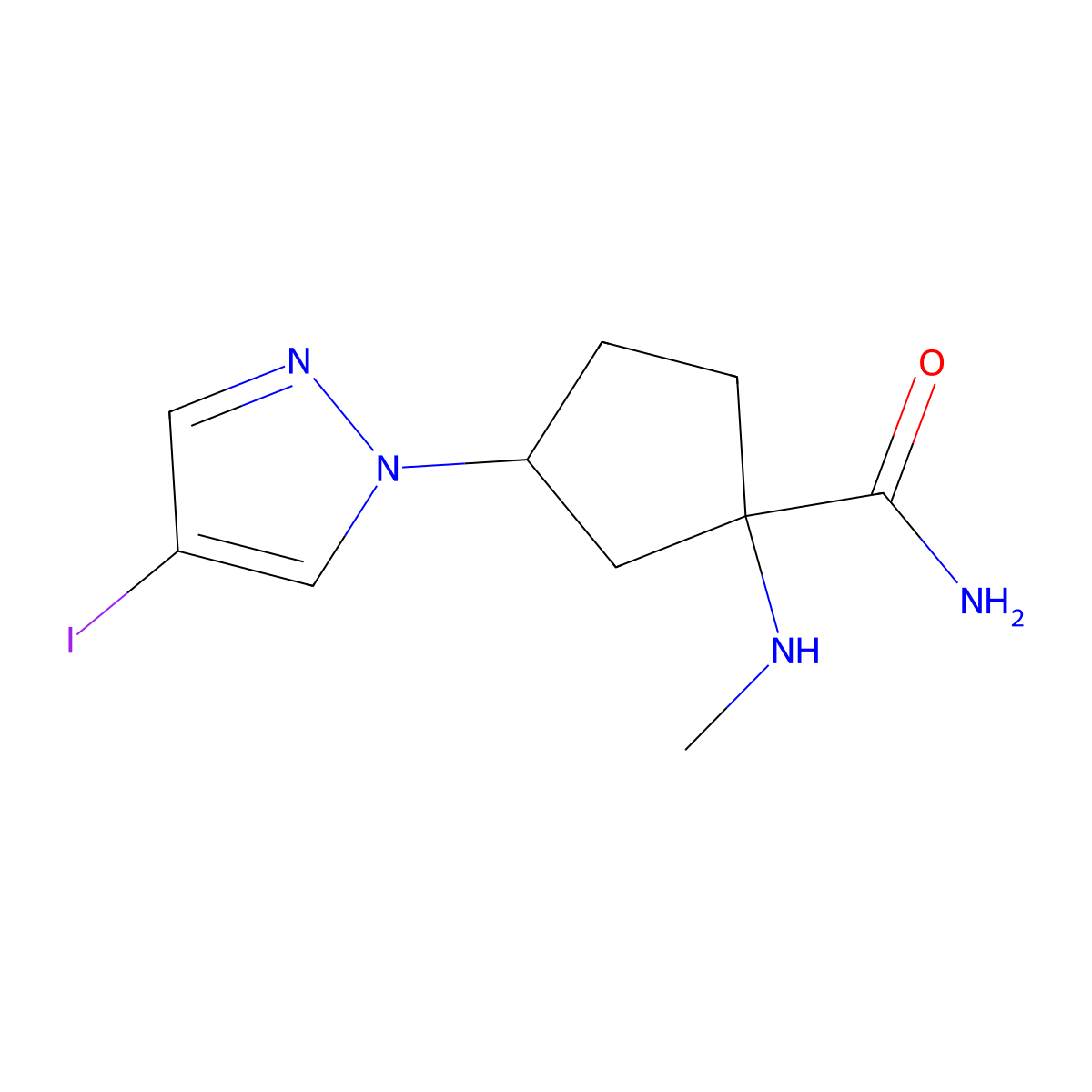 3-(4-Iodo-1h-pyrazol-1-yl)-1-(methylamino)cyclopentane-1-carboxamide molecular structure, CAS 1500423-31-3