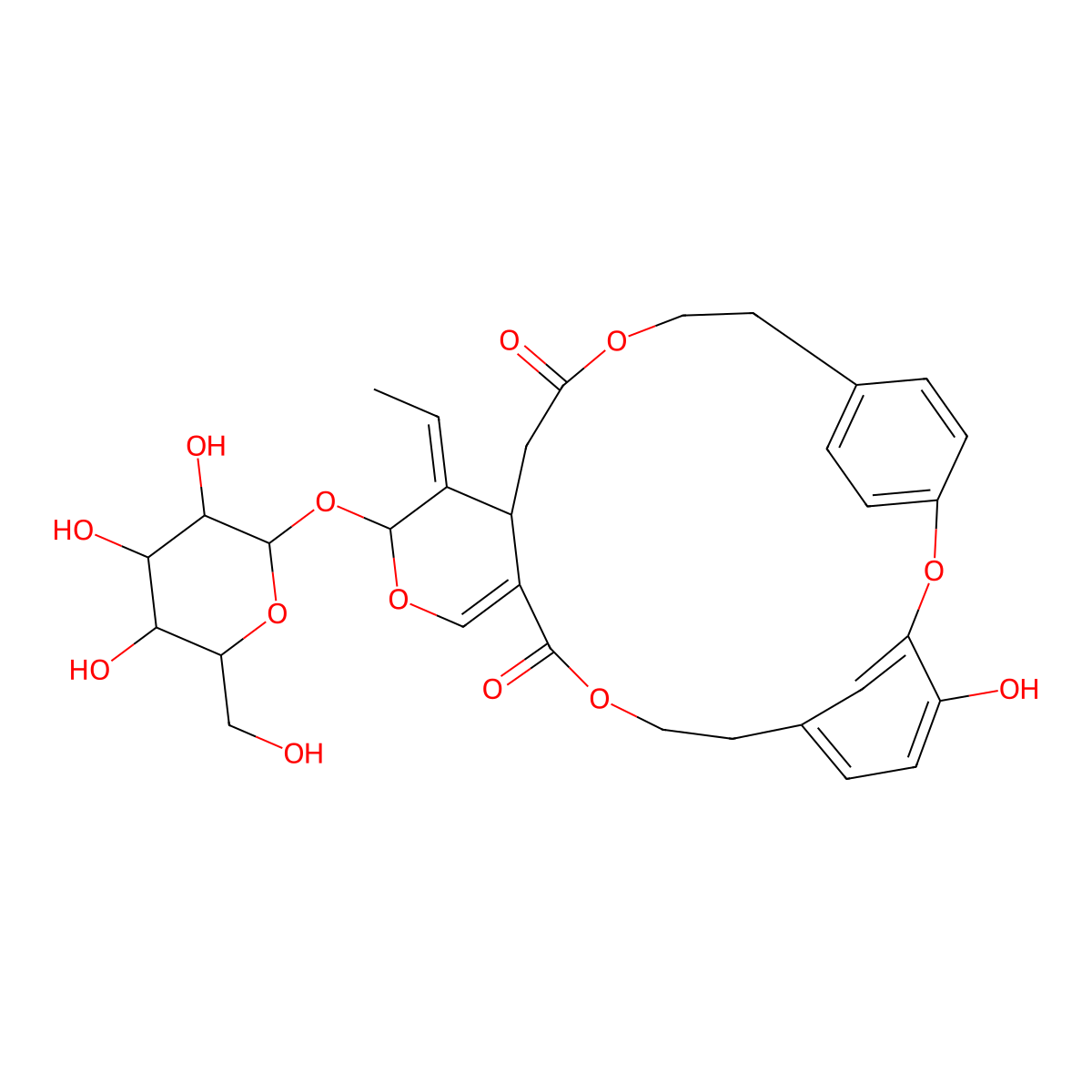 NCGC00347767-02_C32H36O13_6H-10,13-Etheno-19,15-metheno-3H,15H,23H-pyrano[3,4-c][1,7,14]trioxacycloheneicosin-6,23-dione, 4-ethylidene-3-(beta-D-glucopyranosyloxy)-4,4a,5,8,9,20,21-heptahydro-16-hydroxy-, (3S,4Z,4aS)- molecular structure, CAS 150044-49-8