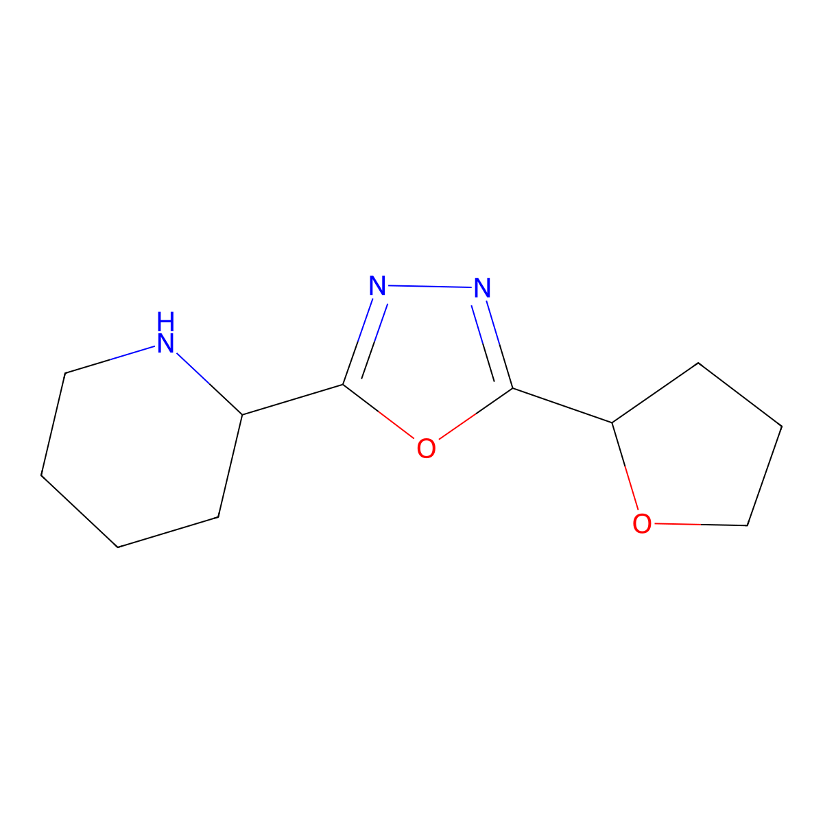 2-[5-(Oxolan-2-yl)-1,3,4-oxadiazol-2-yl]piperidine molecular structure, CAS 1500694-18-7