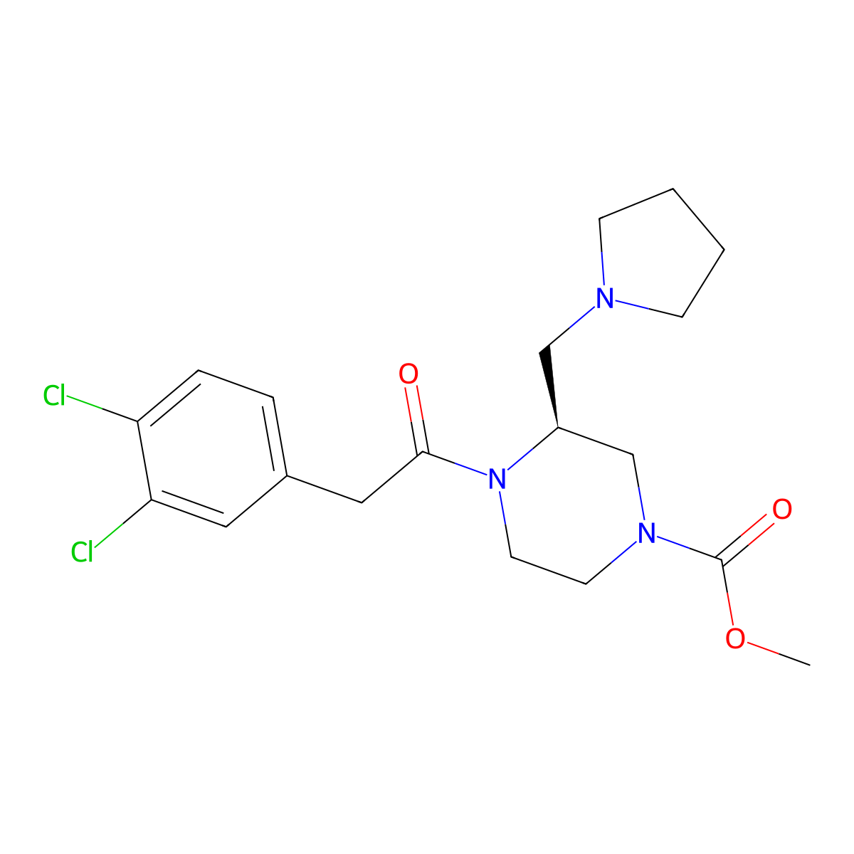 (R)-methyl 4-(2-(3,4-dichlorophenyl)acetyl)-3-(pyrrolidin-1-ylmethyl)piperazine-1-carboxylate molecular structure, CAS 150133-20-3