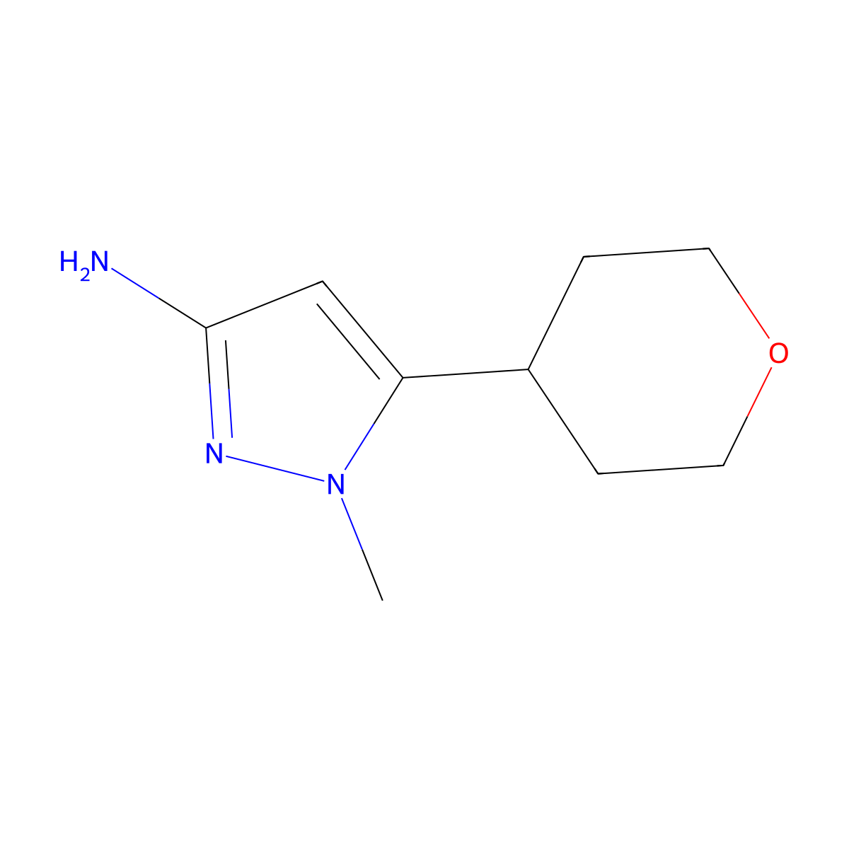 1-methyl-5-(oxan-4-yl)-1H-pyrazol-3-amine molecular structure, CAS 1501749-85-4
