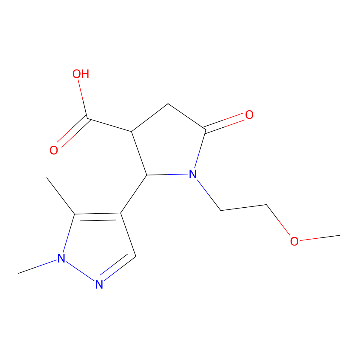 2-(1,5-dimethyl-1H-pyrazol-4-yl)-1-(2-methoxyethyl)-5-oxopyrrolidine-3-carboxylic acid molecular structure, CAS 1501778-35-3