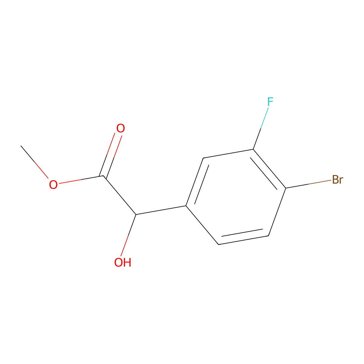 Methyl 2-(4-bromo-3-fluorophenyl)-2-hydroxyacetate molecular structure, CAS 1501937-10-5