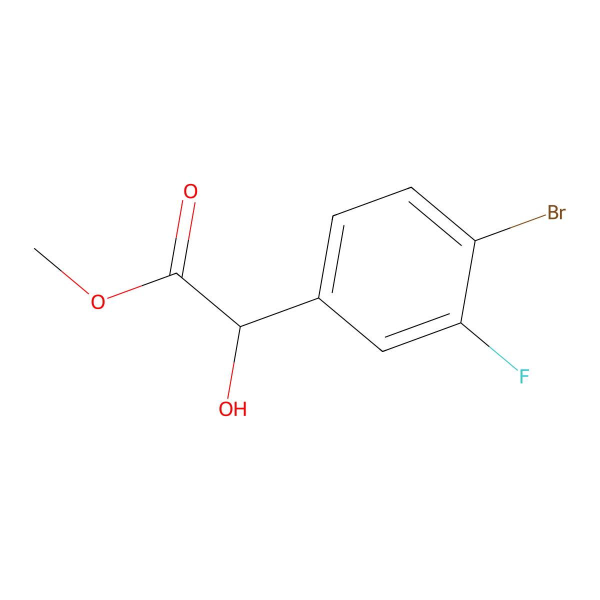 Methyl 2-(4-bromo-3-fluorophenyl)-2-hydroxyacetate molecular structure, CAS 1501937-10-5