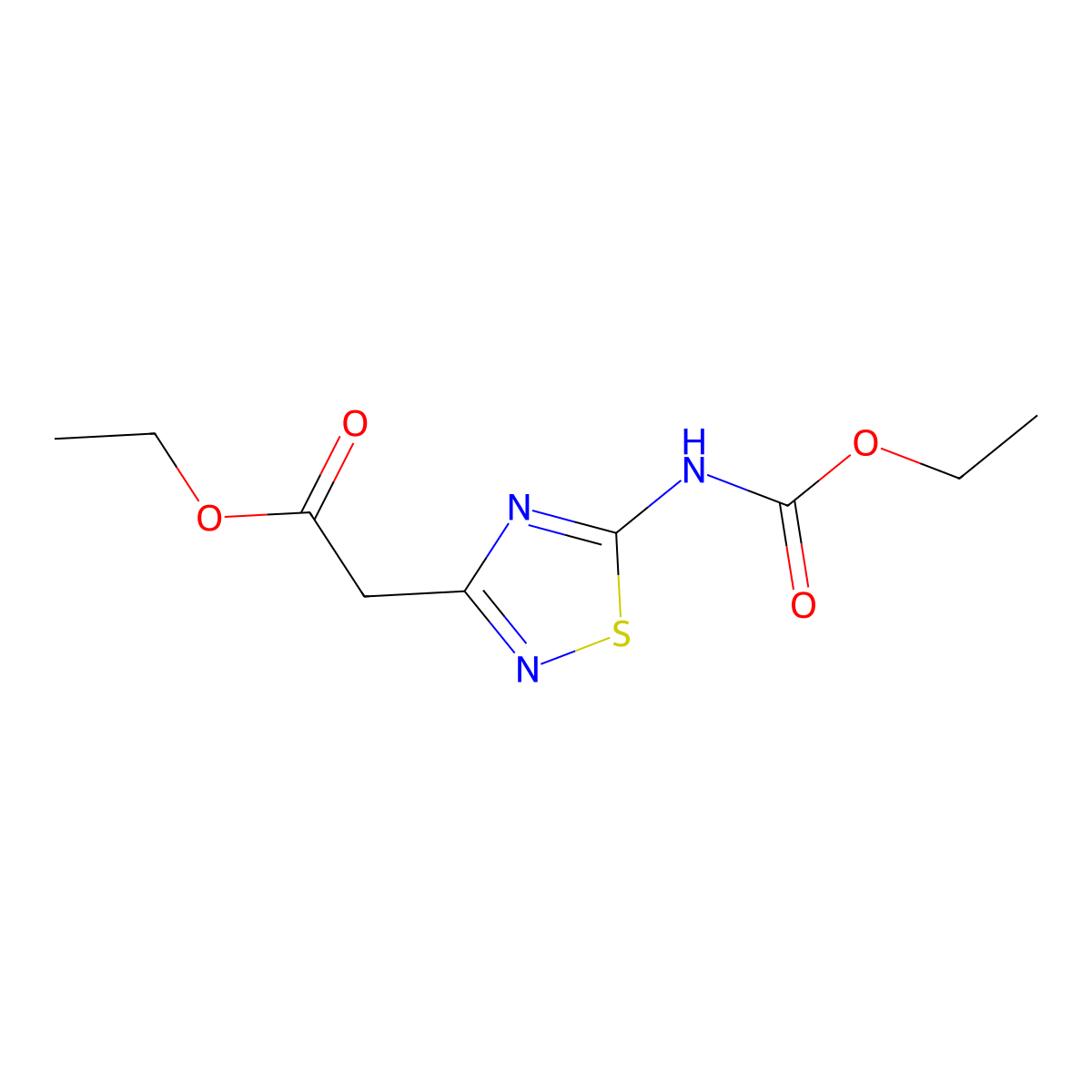 Ethyl 2-(5-((ethoxycarbonyl)amino)-1,2,4-thiadiazol-3-yl)acetate molecular structure, CAS 150215-10-4