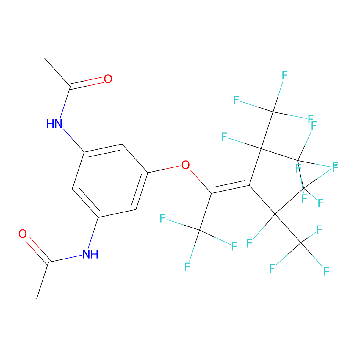 Benzene-1,3-diamine, N,N-diacetyl-5-[3,4,4,4-tetrafluoro-2-(1,2,2,2-tetrafluoro-1-trifluoromethylethyl)-1,3-di(trifluoromethyl)-1-butenyloxy]- molecular structure, CAS 150225-65-3