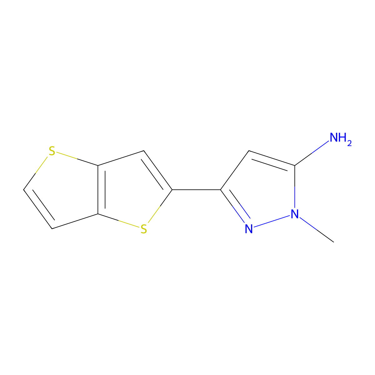 1-methyl-3-{thieno[3,2-b]thiophen-2-yl}-1H-pyrazol-5-amine molecular structure, CAS 1502293-61-9