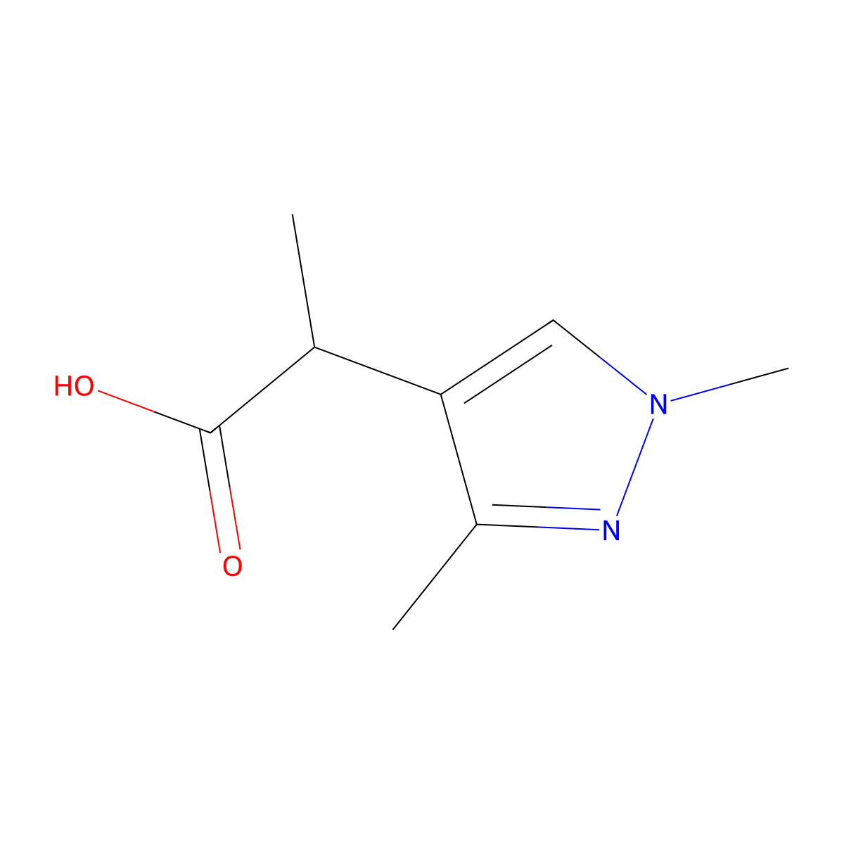 2-(1,3-dimethyl-1H-pyrazol-4-yl)propanoic acid molecular structure, CAS 1502996-23-7
