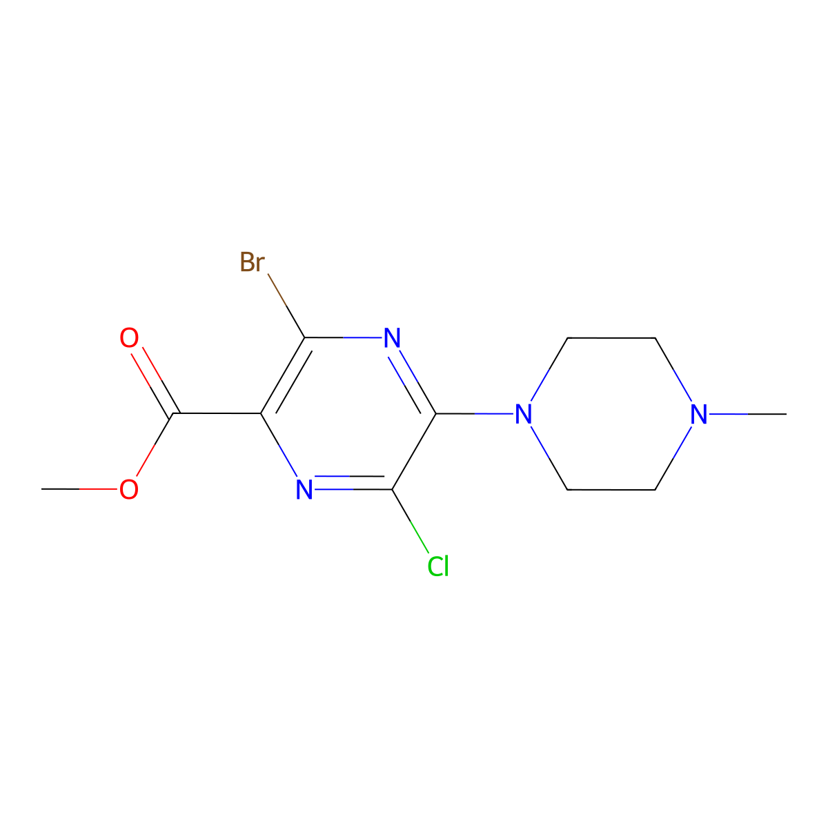 Methyl 3-bromo-6-chloro-5-(4-methylpiperazin-1-yl)pyrazine-2-carboxylate molecular structure, CAS 150331-79-6