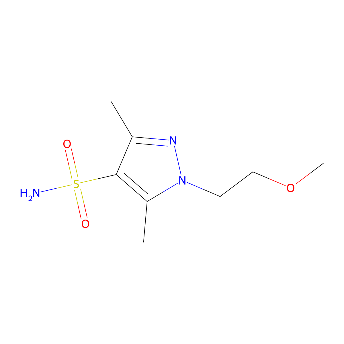 1-(2-methoxyethyl)-3,5-dimethyl-1H-pyrazole-4-sulfonamide molecular structure, CAS 1503989-93-2