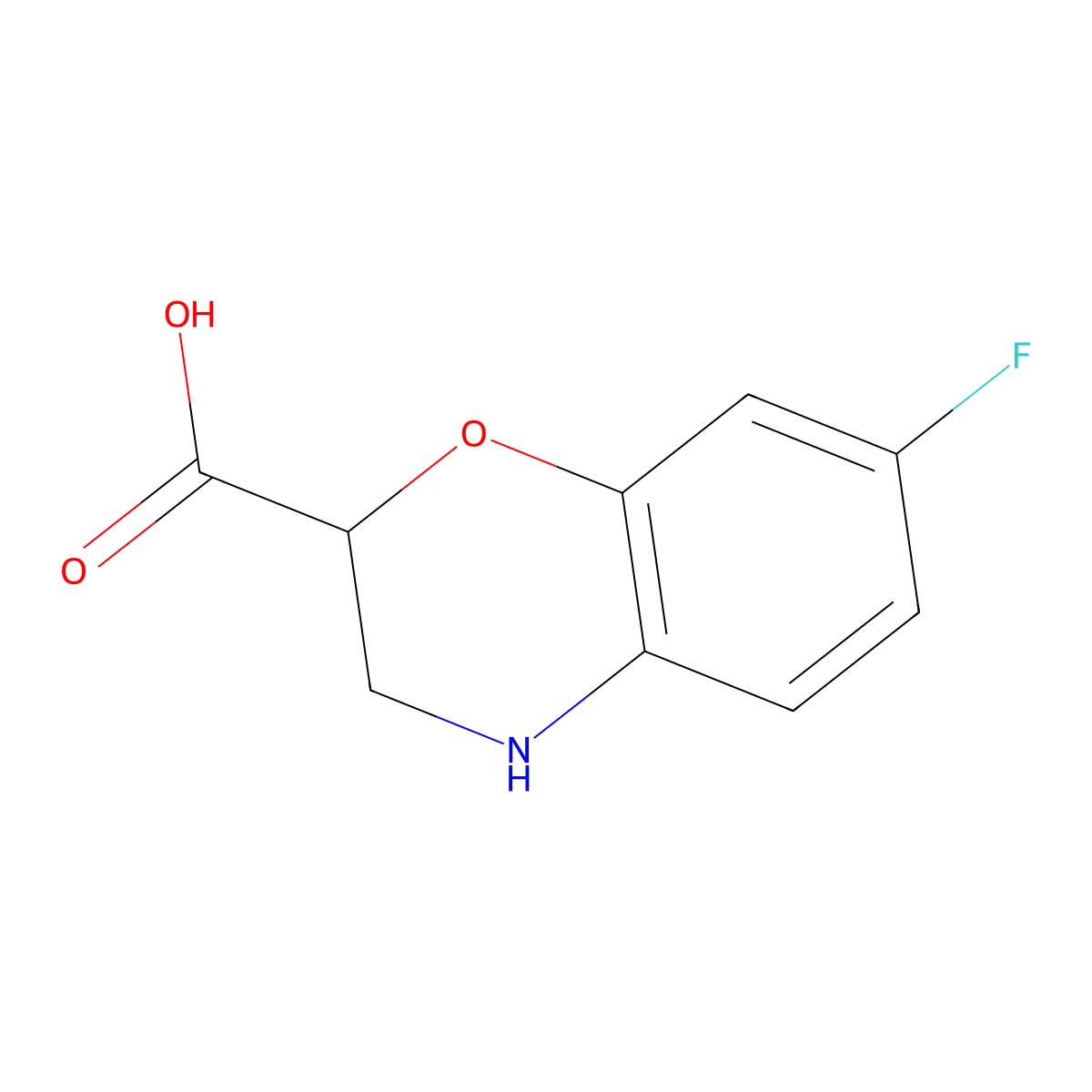 7-fluoro-3,4-dihydro-2H-1,4-benzoxazine-2-carboxylic acid molecular structure, CAS 1504243-58-6