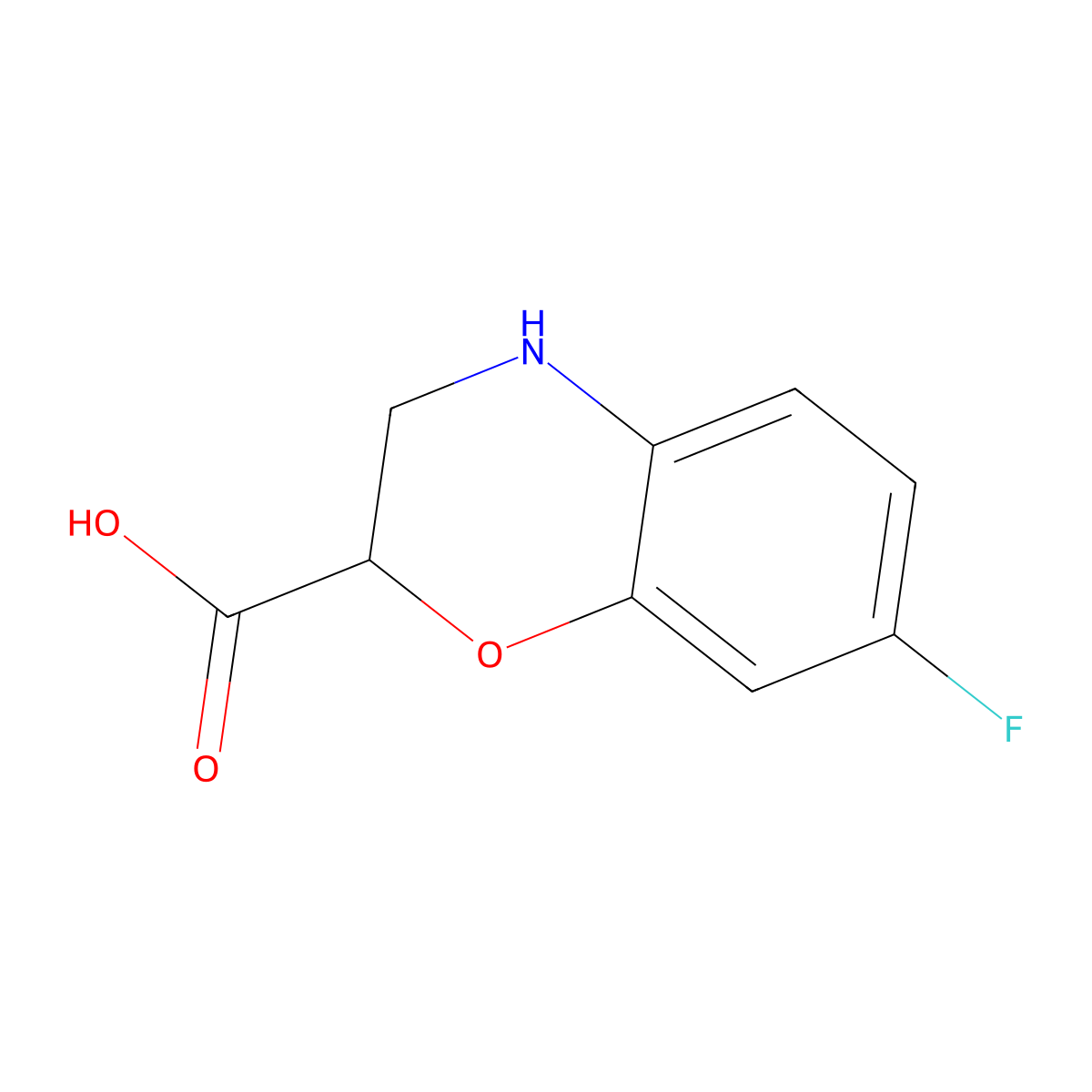 7-fluoro-3,4-dihydro-2H-1,4-benzoxazine-2-carboxylic acid molecular structure, CAS 1504243-58-6