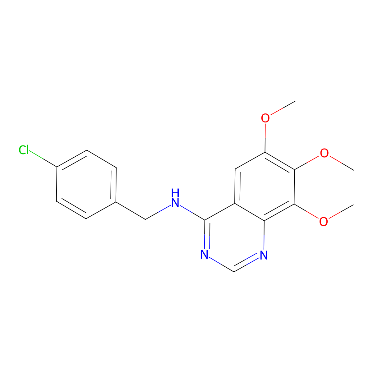 n-[(4-Chlorophenyl)methyl]-6,7,8-trimethoxy-4-quinazolinamine molecular structure, CAS 150450-07-0