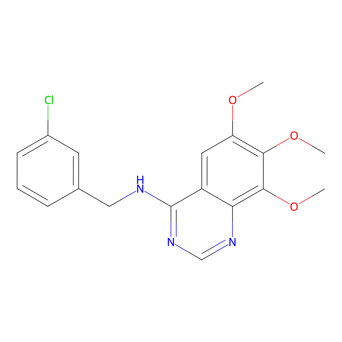 n-[(3-Chlorophenyl)methyl]-6,7,8-trimethoxy-4-quinazolinamine molecular structure, CAS 150450-08-1