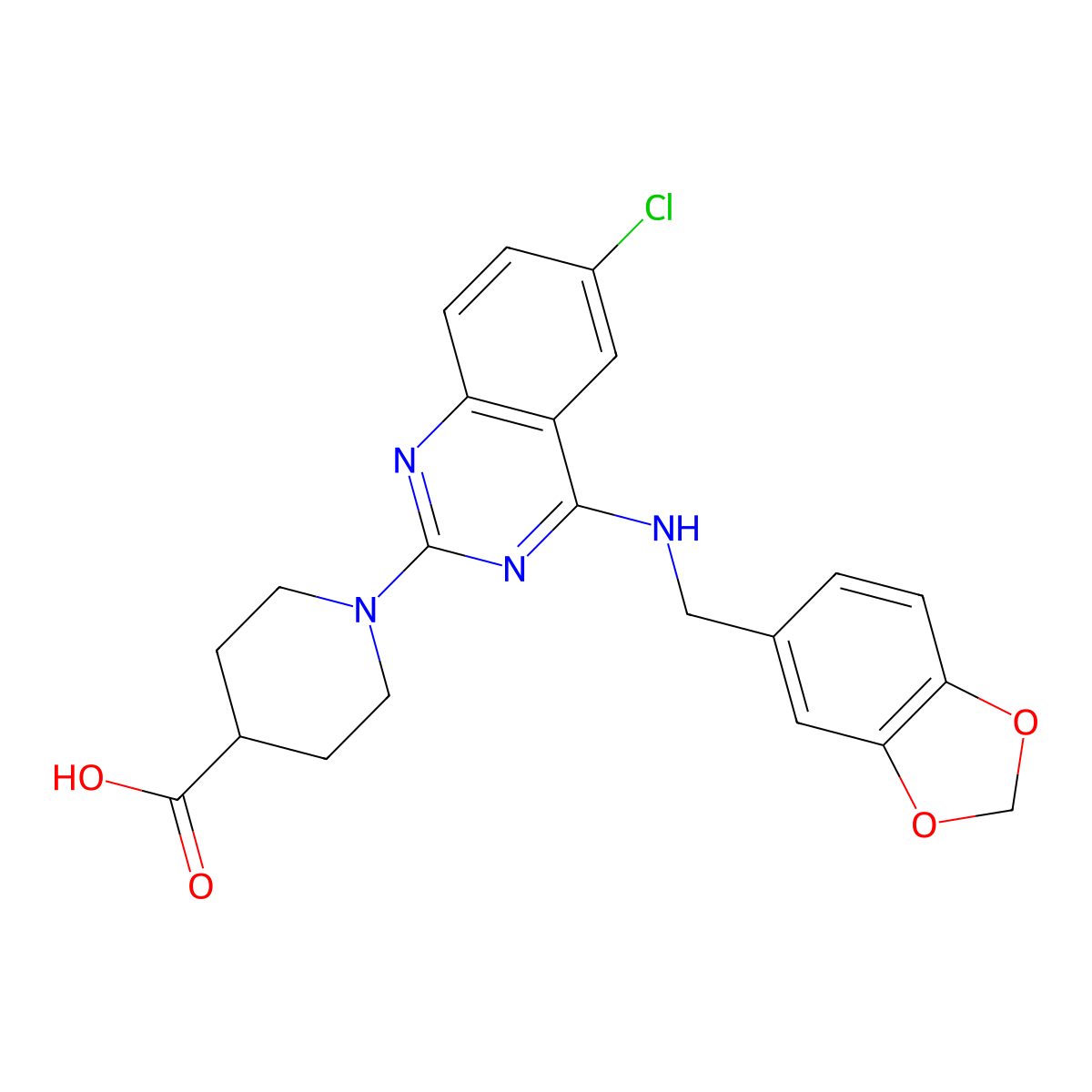 1-(6-Chloro-4-(3,4-methylenedioxybenzyl)aminoquinazolin-2-yl)piperidine-4-carboxylic acid molecular structure, CAS 150452-18-9