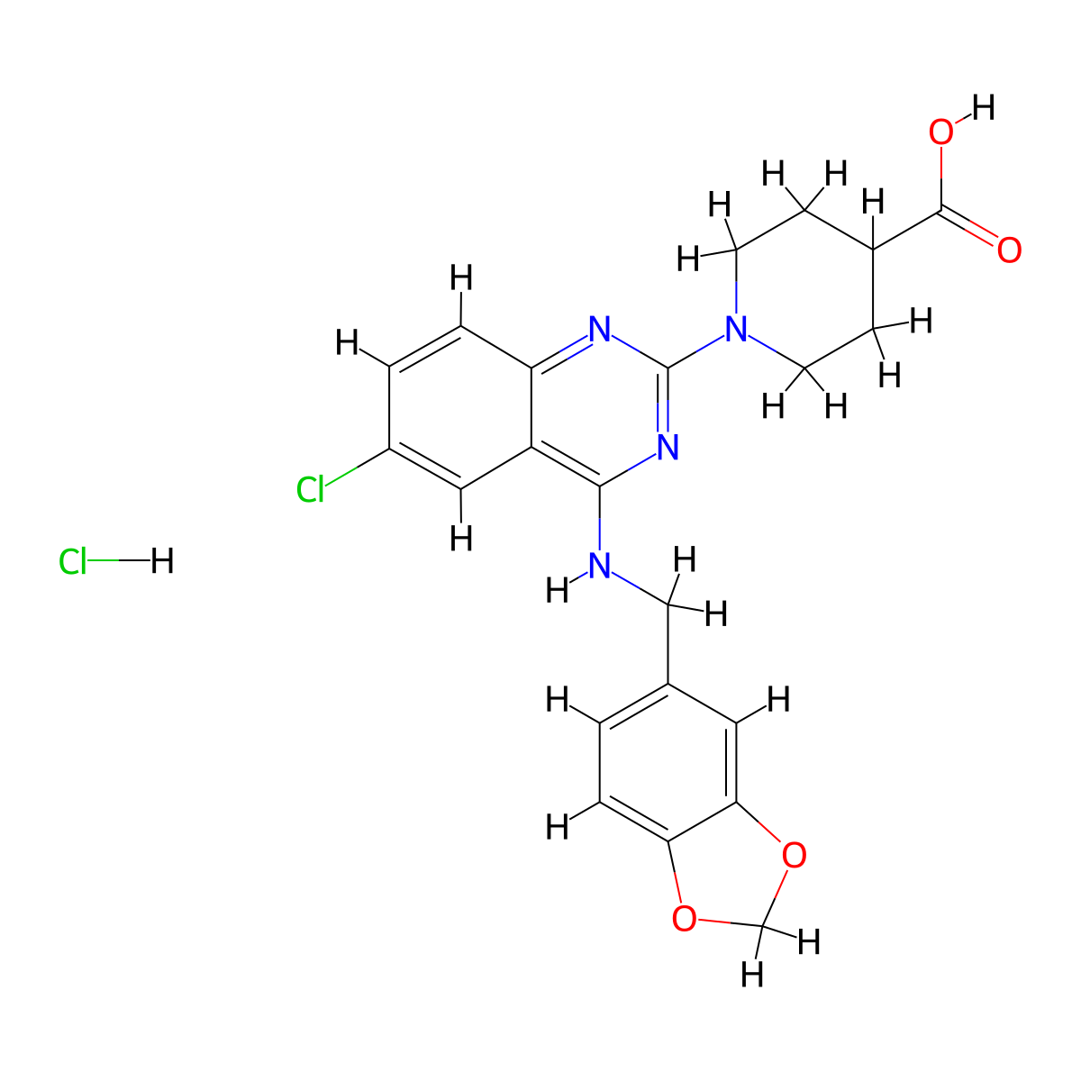 1-{4-[(2H-1,3-benzodioxol-5-ylmethyl)amino]-6-chloroquinazolin-2-yl}piperidine-4-carboxylic acid hydrochloride molecular structure, CAS 150452-21-4