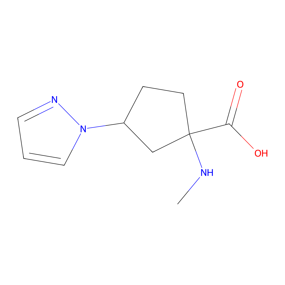 1-(methylamino)-3-(1H-pyrazol-1-yl)cyclopentane-1-carboxylic acid molecular structure, CAS 1505188-62-4